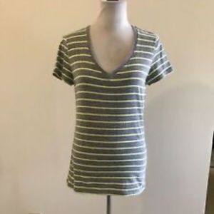 Under Armour gray & lime striped short sleeve V neck T - women’s L, bust 16.5”.